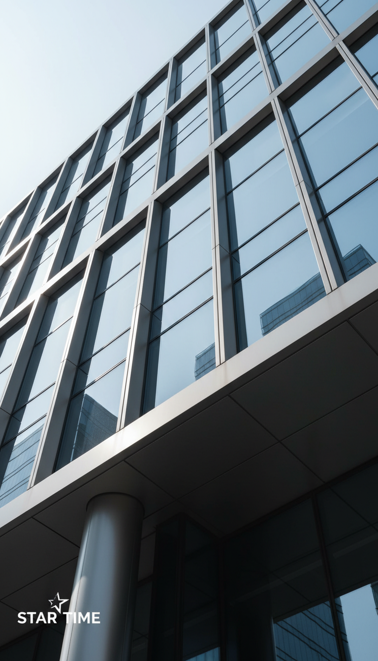 A contemporary glass and metal office building façade, consisting of sharp, intersecting vertical and horizontal lines, rises toward a pale, gradient sky. The building’s silvery reflective surface creates geometric reflections, while the high-contrast architecture exudes a sense of order and ambition. The scene is depicted under crisp midday daylight, with sun glinting along the building’s edges and creating controlled shadows beneath structural overhangs. Captured from a low-angle perspective emphasizing height and structure, the photograph’s clean lines and balanced composition evoke confidence and expertise, echoing Star Time’s investment acumen and minimalist brand.