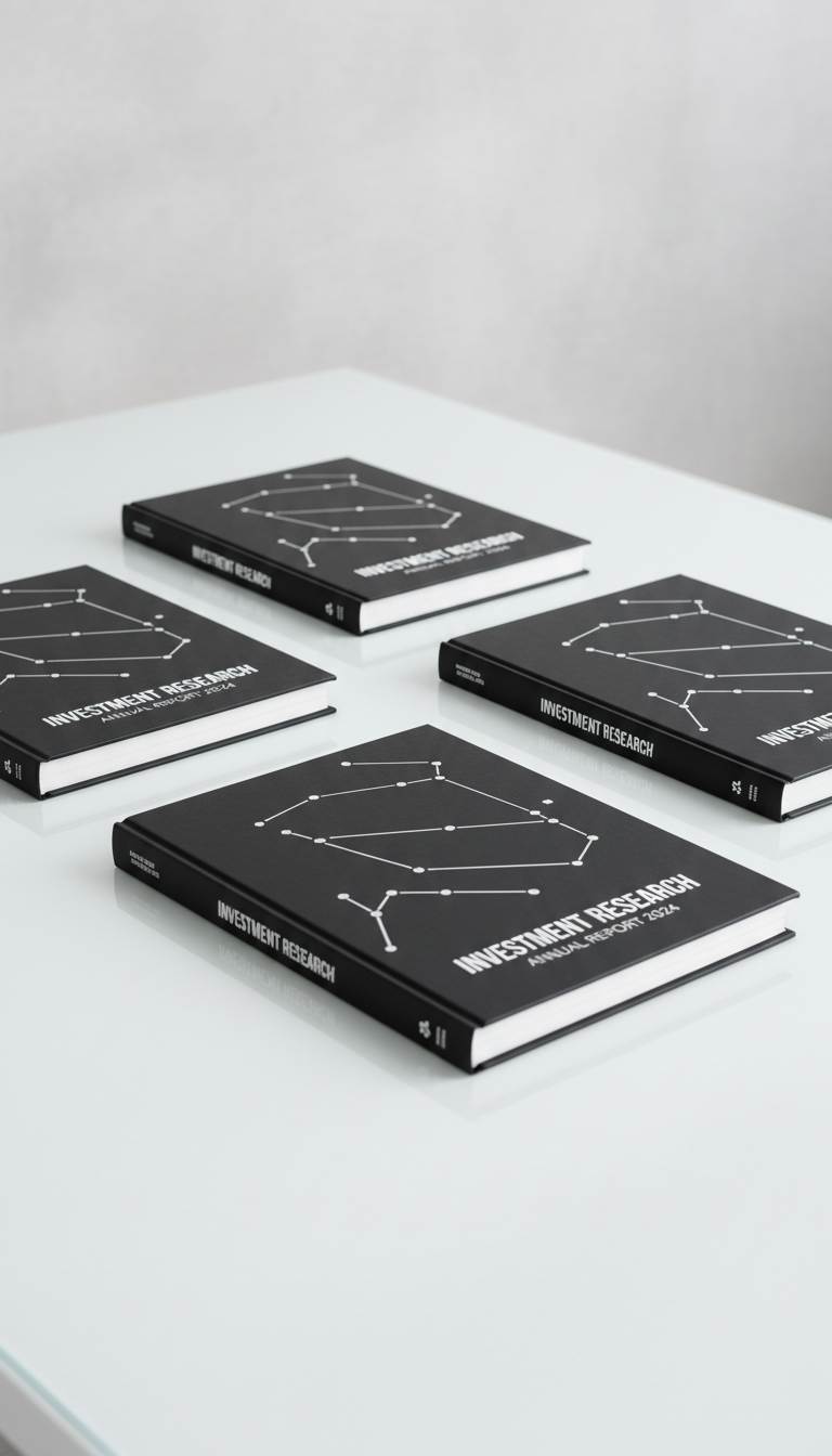 A set of black and white hardcover investment reports, featuring minimalist covers embossed with geometric line art resembling constellations, neatly arranged in parallel on a crisp white glass tabletop. The glass top softly reflects their angular forms while the backdrop fades into a lightly textured pale-gray wall, emphasizing clarity and order. Even, soft studio lighting minimizes glare and enhances the contrast between black, white, and subtle silver accents. The overall atmosphere is structured, professional, and quietly authoritative. Captured using an eye-level, rule-of-thirds framing, the image is photographic in style, reinforcing the site’s focus on high-caliber research and clean design.