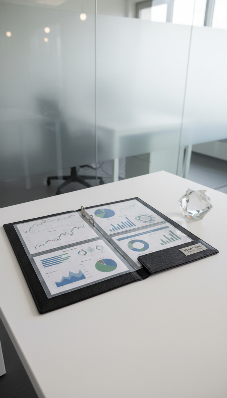 An open, charcoal-black leather portfolio folder with neatly organized transparent sleeves containing printed investment charts and geometric infographics. The portfolio rests on a pristine, matte-white desk surface, alongside a geometric crystal paperweight. The environment is a well-ordered office corner—you glimpse a frosted glass panel in the background. Soft, overhead neutral lighting creates even, shadow-free illumination, highlighting the textural contrast between the leather, glossy charts, and crystal. The sharp, balanced composition shot from a slightly oblique angle gives a modern, minimalist, and corporate atmosphere, reinforcing professionalism and the clarity of Star Time’s investment process.