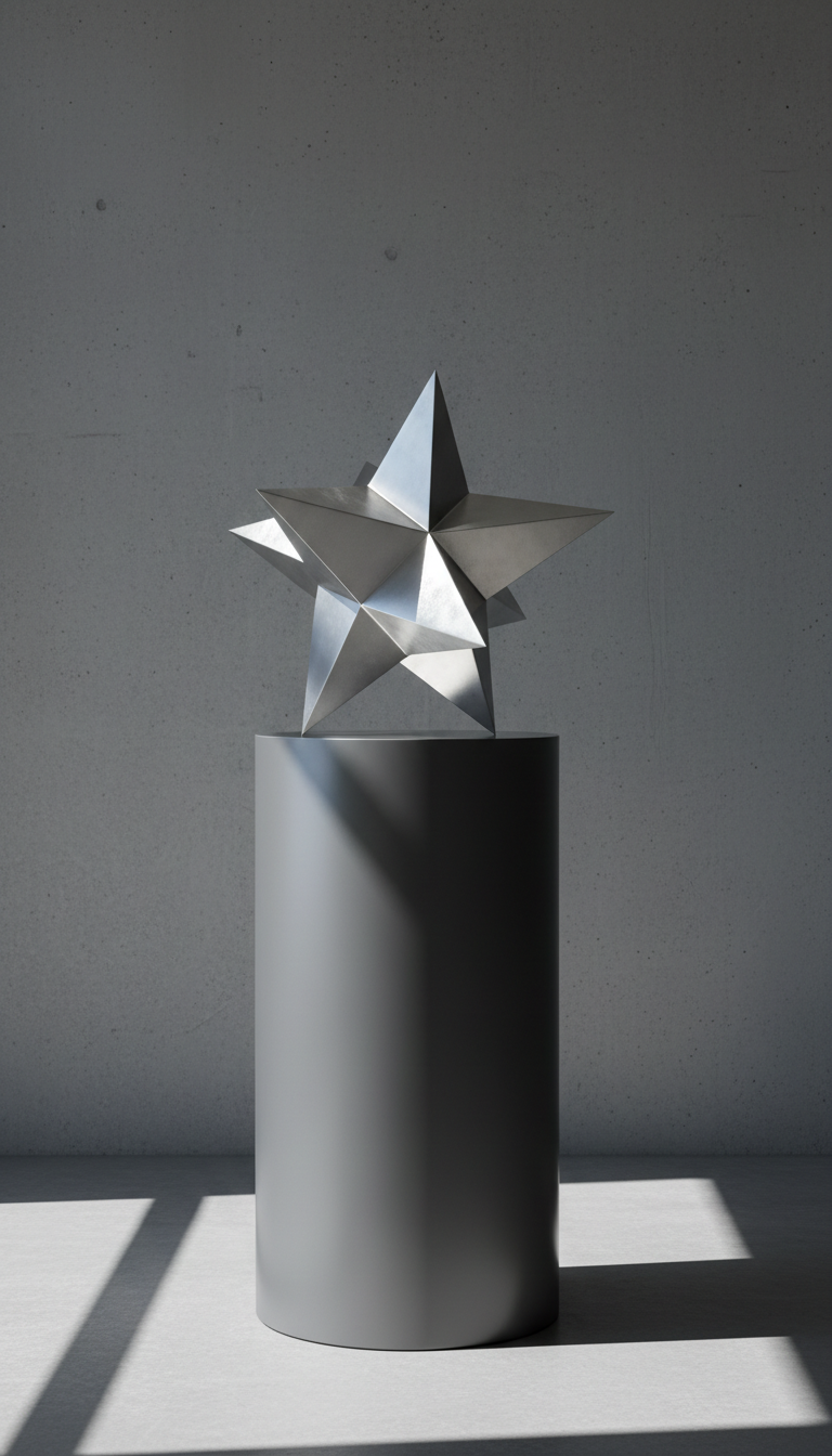 A sleek, silver geometric sculpture resembling a stylized star, crafted from brushed metal with precise, sharp edges and a softly reflective surface, sits atop a smooth charcoal-gray pedestal. The background is a seamless expanse of matte concrete wall, lending a modern corporate feel. Cool diffused daylight enters from the left, creating crisp highlights along the metallic facets and casting elongated, gentle shadows to the right. The scene is calm, focused, and professional. Photographed from a slightly elevated, centered perspective with sharp focus throughout, the image emphasizes clean lines and a high-contrast, minimalist aesthetic that reflects expertise and precision, perfectly aligning with an investment company’s brand.